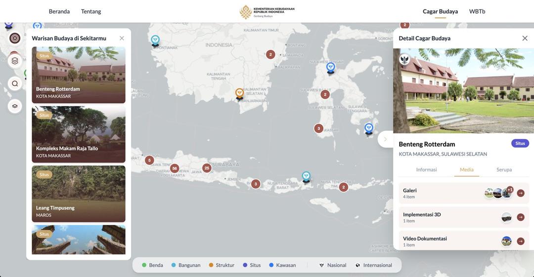 Gerbang Budaya heritage map of Indonesia, with a list of nearby sites and the Benteng Rotterdam detail panel