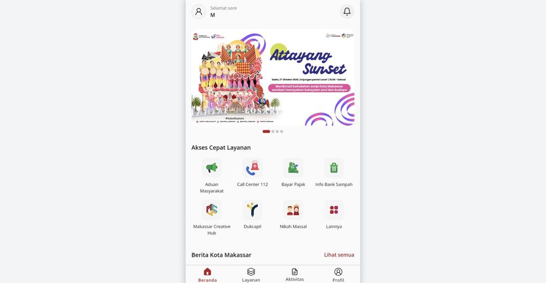 Lontara+ home screen: greeting, event banner, eight quick-access services, Berita Kota Makassar