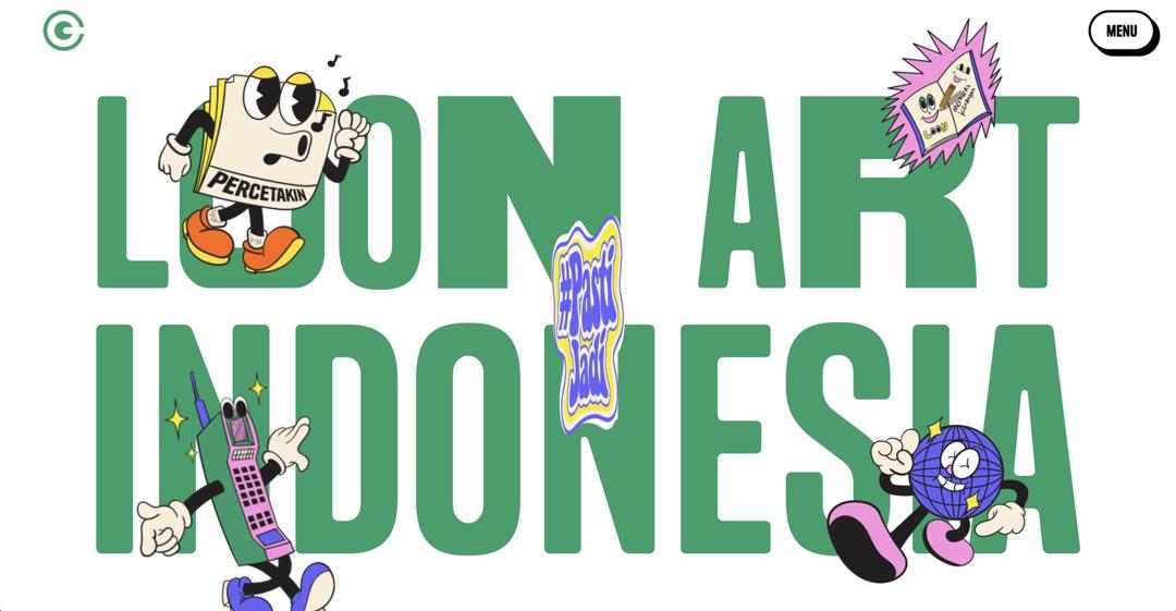 Loon Art home page: LOON ART INDONESIA in large green letters with cartoon mascots