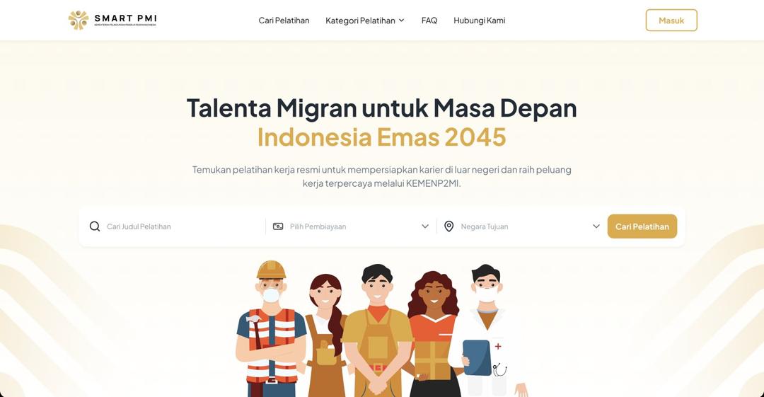 SMART PMI landing page: Talenta Migran untuk Masa Depan, with the training search bar