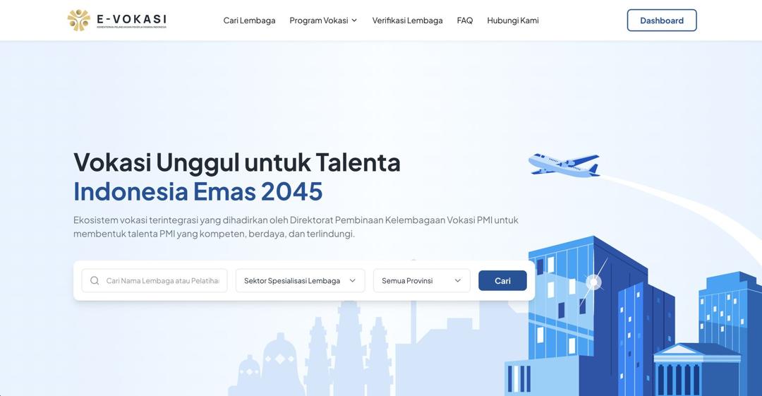 E-Vokasi landing page: Vokasi Unggul untuk Talenta Indonesia Emas 2045, with the institution search bar